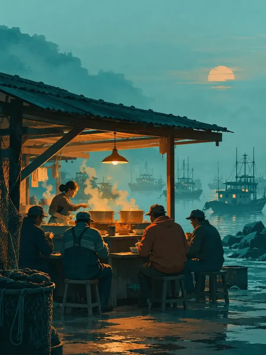 海盐早餐铺 短剧封面 《海盐早餐铺》封面插画:一锅粥、一盏灯,把整座岛的早起都凑齐了。